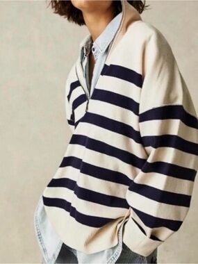 Free People Striped Half-Zip Pullover Sweater in Cream and Navy